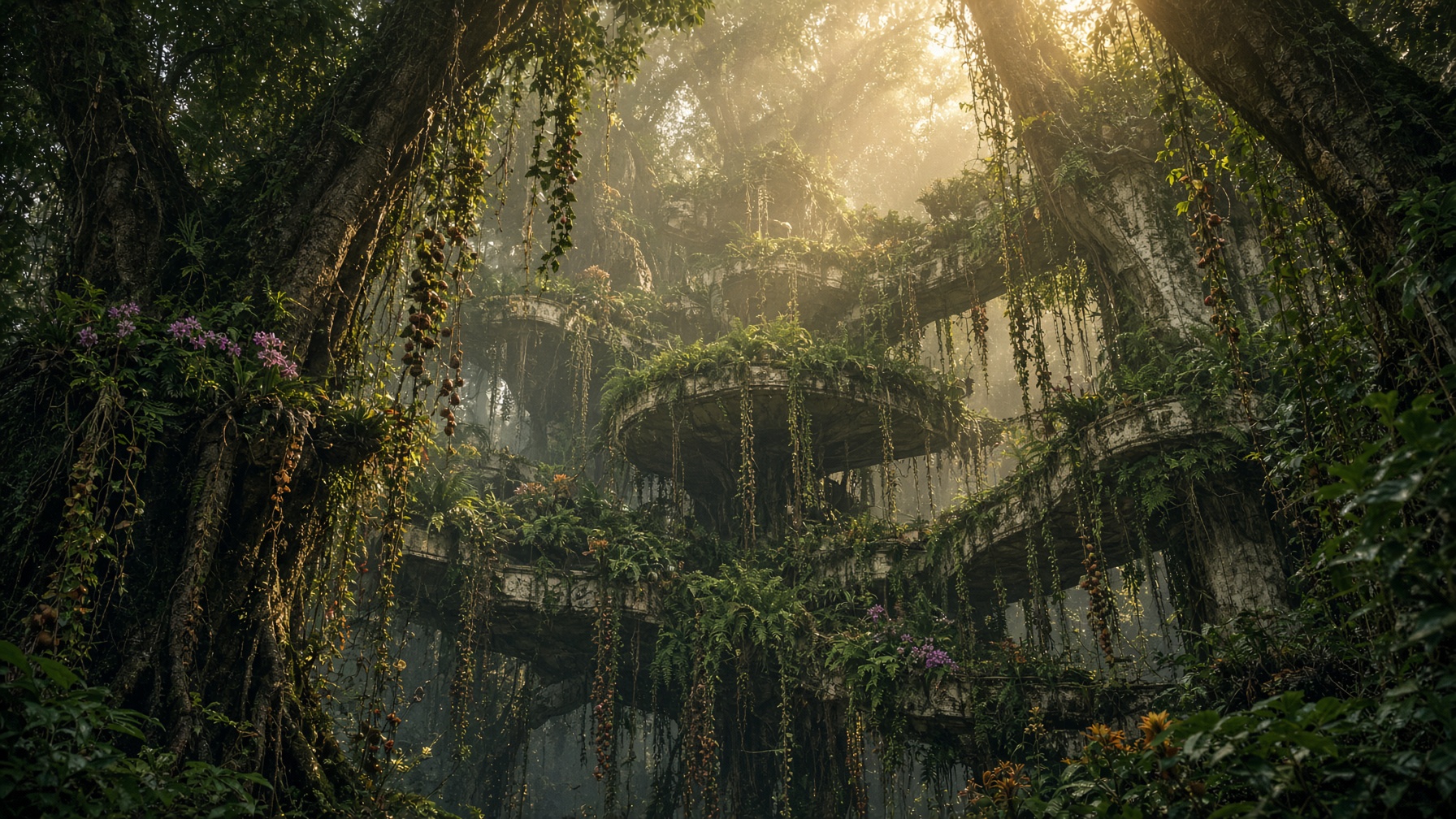 Looking up through hanging sky gardens in a rainforest canopy, sunlight in the mist.