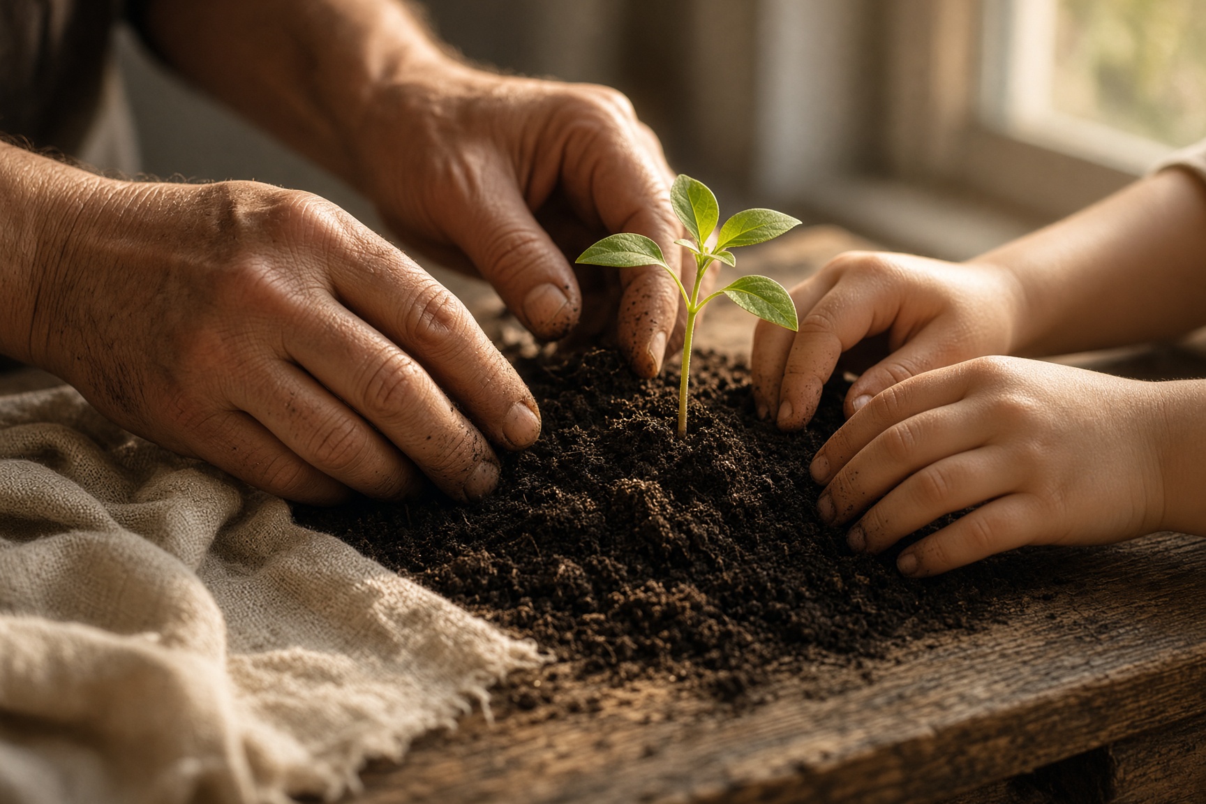 An adult’s hands and a child’s hands planting a seedling in dark soil.