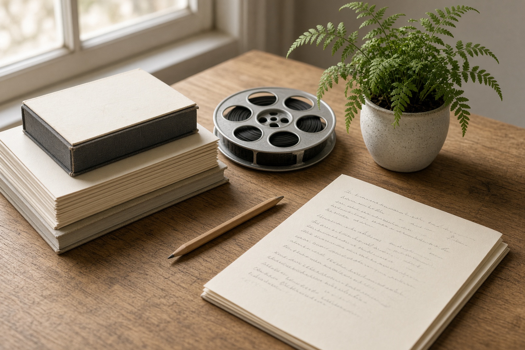 A production table with manuscripts, a film reel, and a fern in north light.