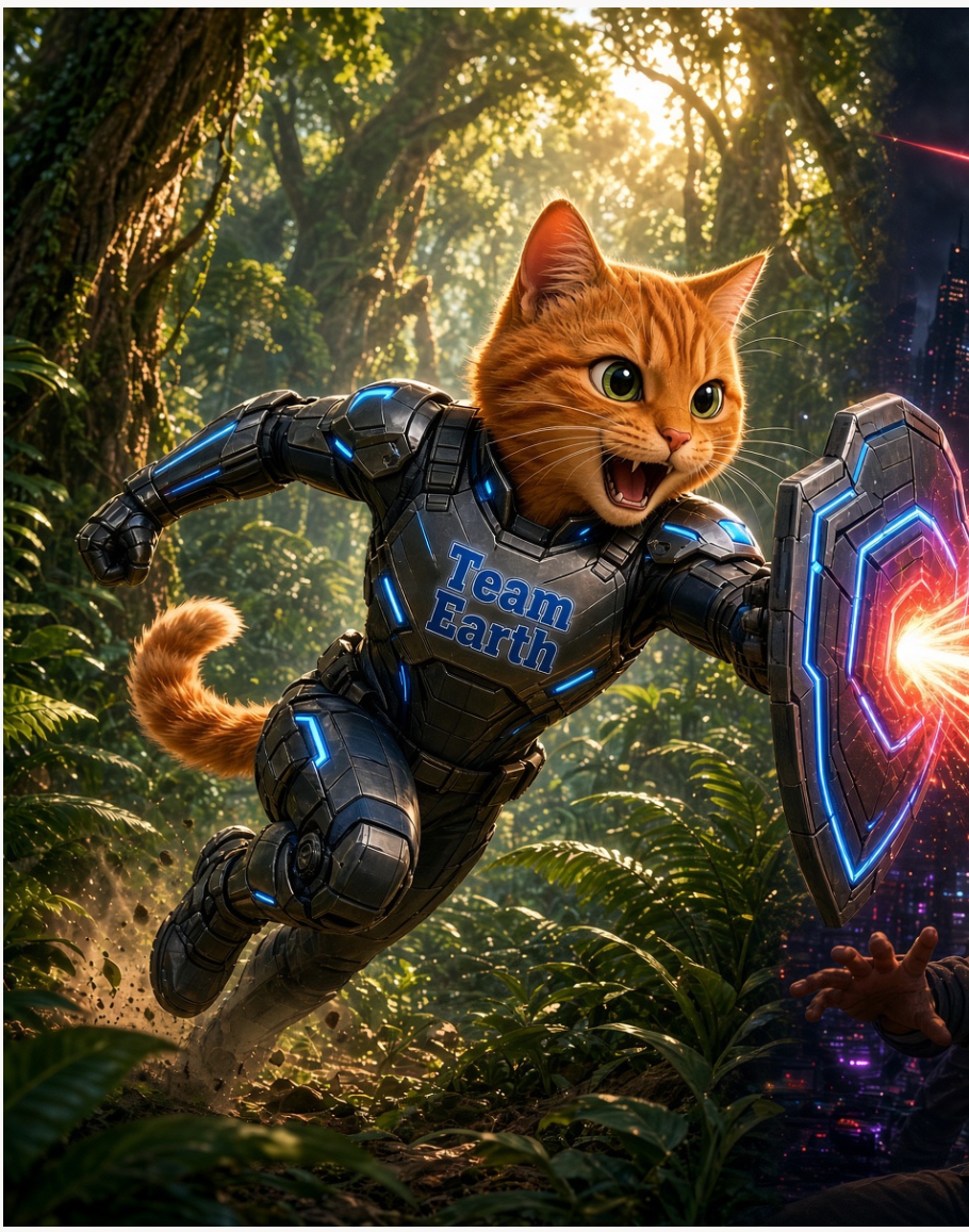 An orange cat in Team Earth armor charges through a sunlit jungle, shield raised, with a city skyline at the edge of the trees.