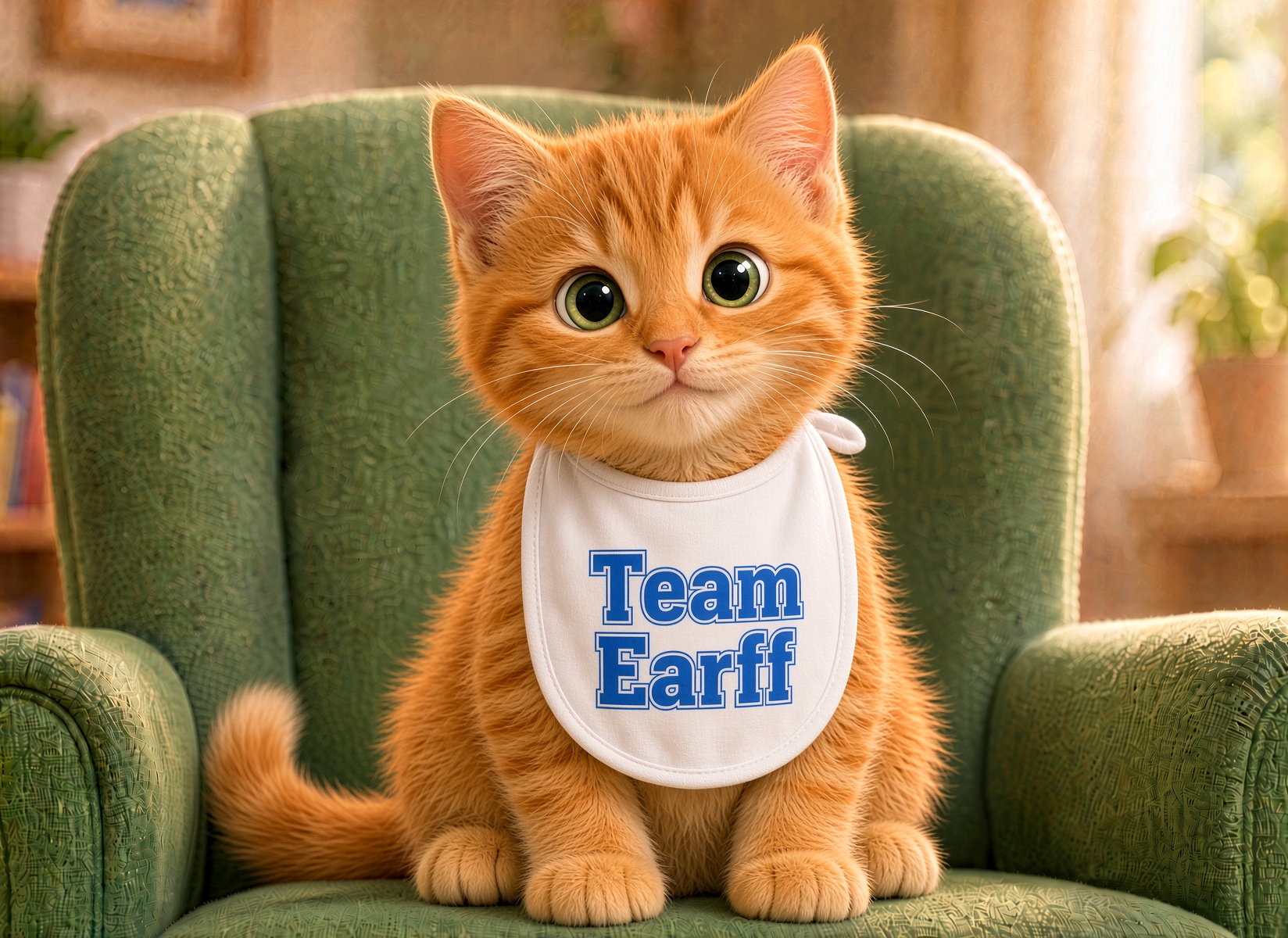 An orange kitten sits on a green armchair wearing a white bib that reads Team Earff, from Sky Gardens: Maya’s Imagination.