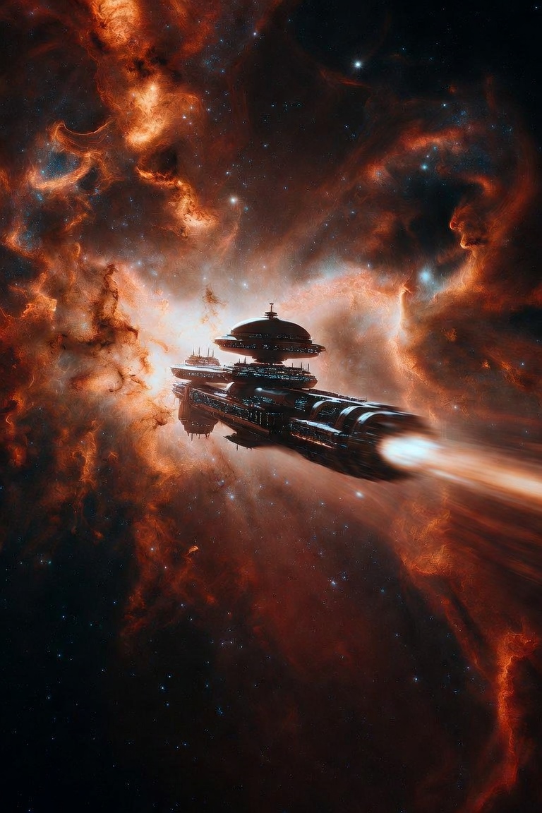 A vast spacecraft travels through a copper and ember nebula, engines lit, from The Deal.